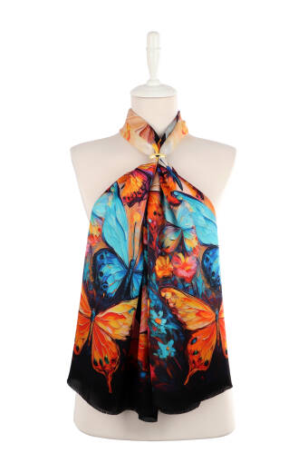 Turquoise Butterfly Pattern Silk Scarf 