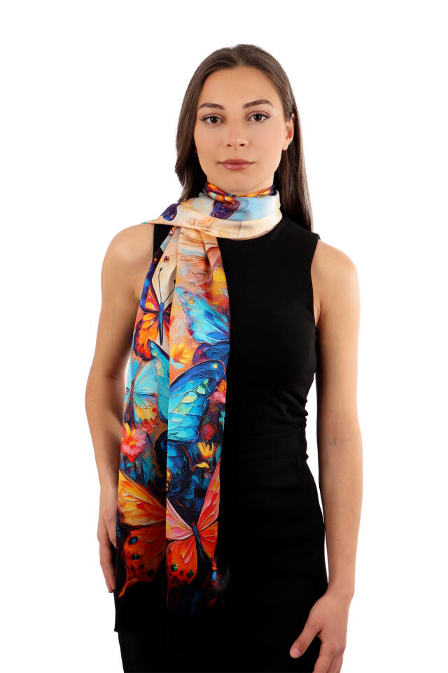 Turquoise Butterfly Pattern Silk Scarf - 2