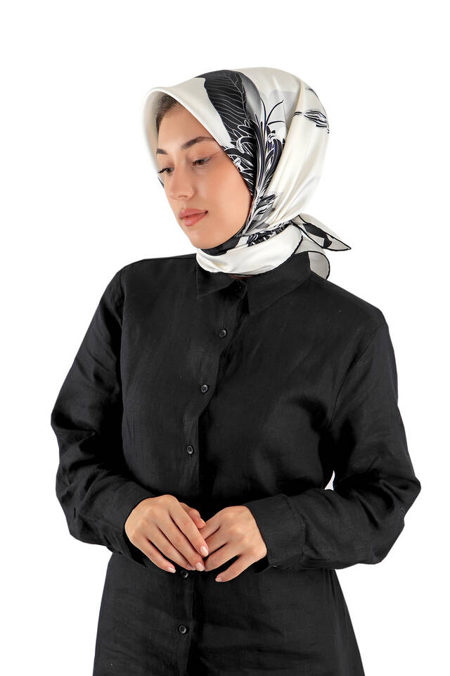 Ekru Çağla Desen Twill İpek Eşarp - 2