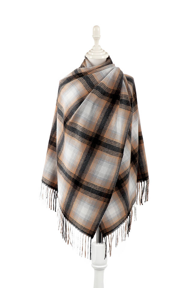 Camel Black Patterned Winter Shawl - Bursa İpek