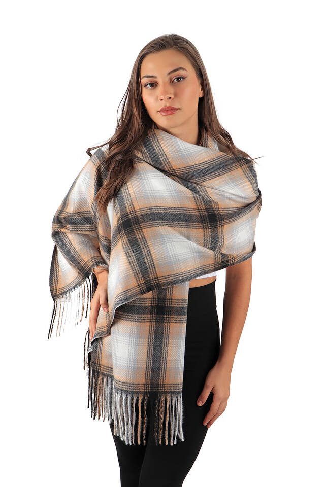 Camel Black Patterned Winter Shawl - 2
