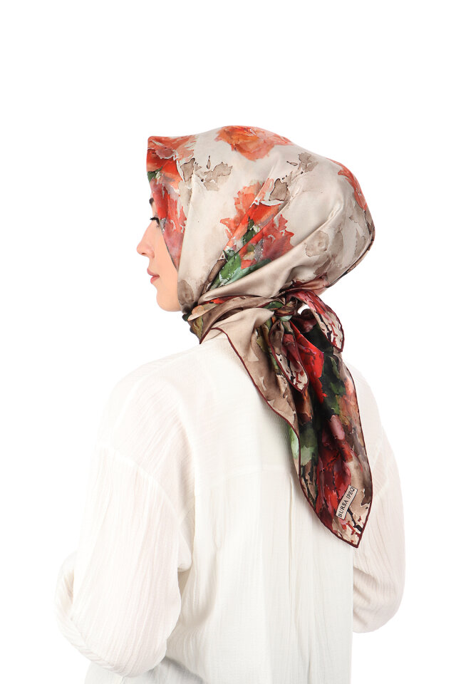 Burgundy Camellia Pattern Sura Silk Scarf - 2