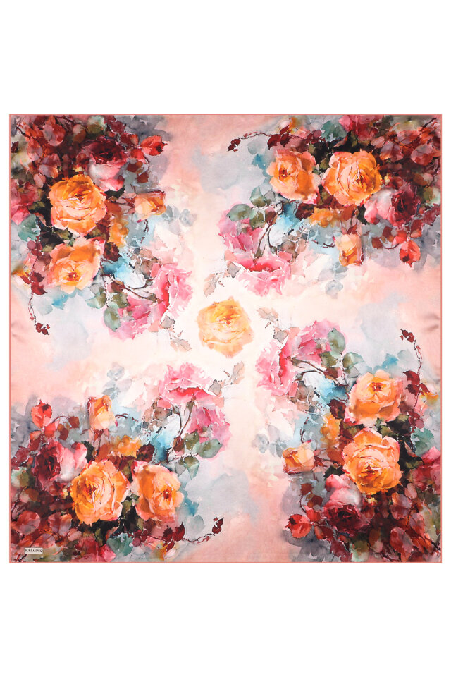 Dark Salmon Camellia Pattern Sura Silk Scarf - 3