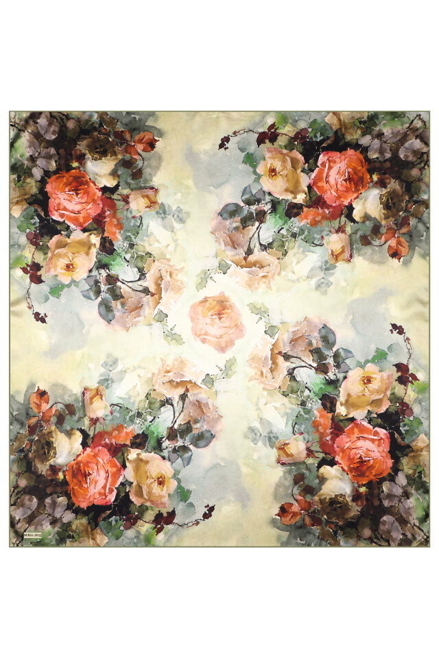 Green Camellia Pattern Sura Silk Scarf - 3