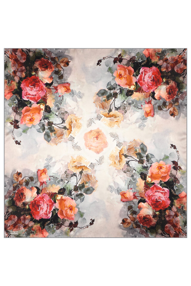 Gray Camellia Pattern Sura Silk Scarf - 3