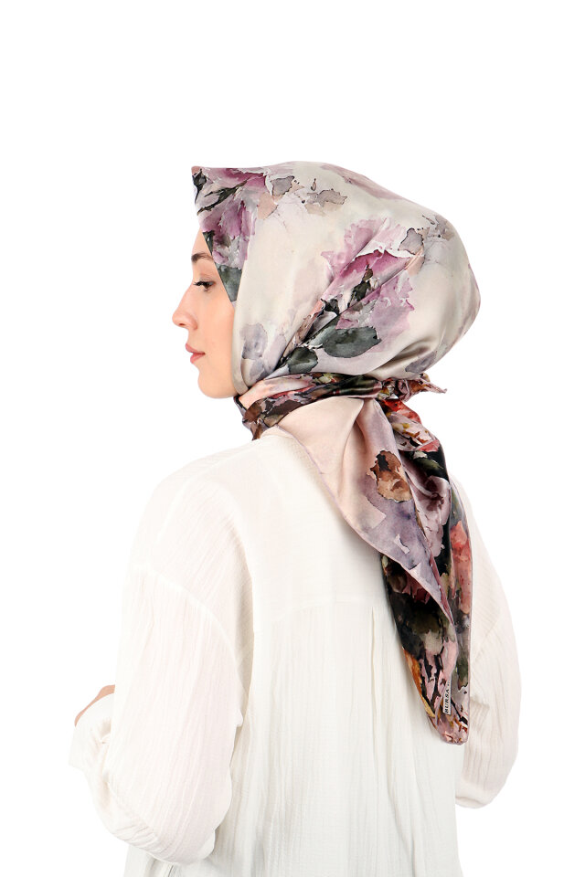 Lilac Camellia Pattern Sura Silk Scarf - 2