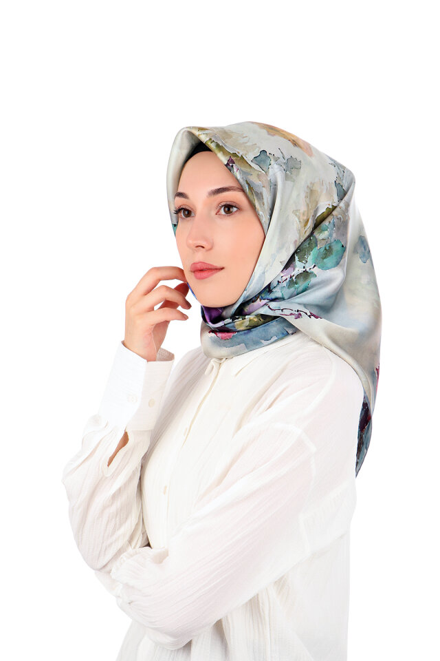 Mint Camellia Pattern Sura Silk Scarf - Bursa İpek