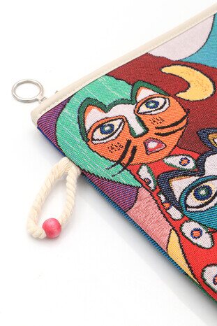 Cat Pattern Tapestry Handbag - Thumbnail