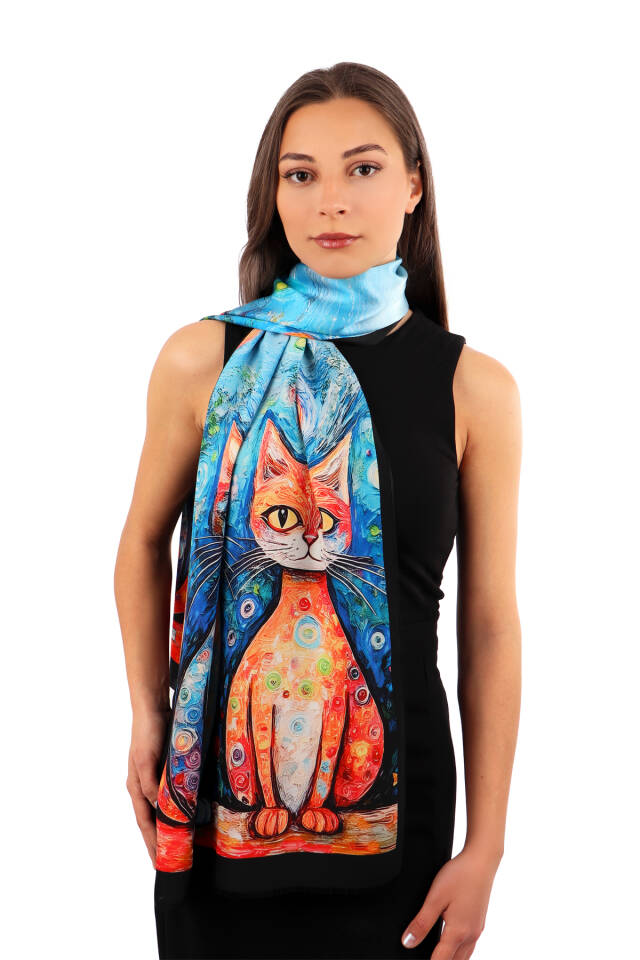 Orange Cat Pattern Silk Scarf - 2