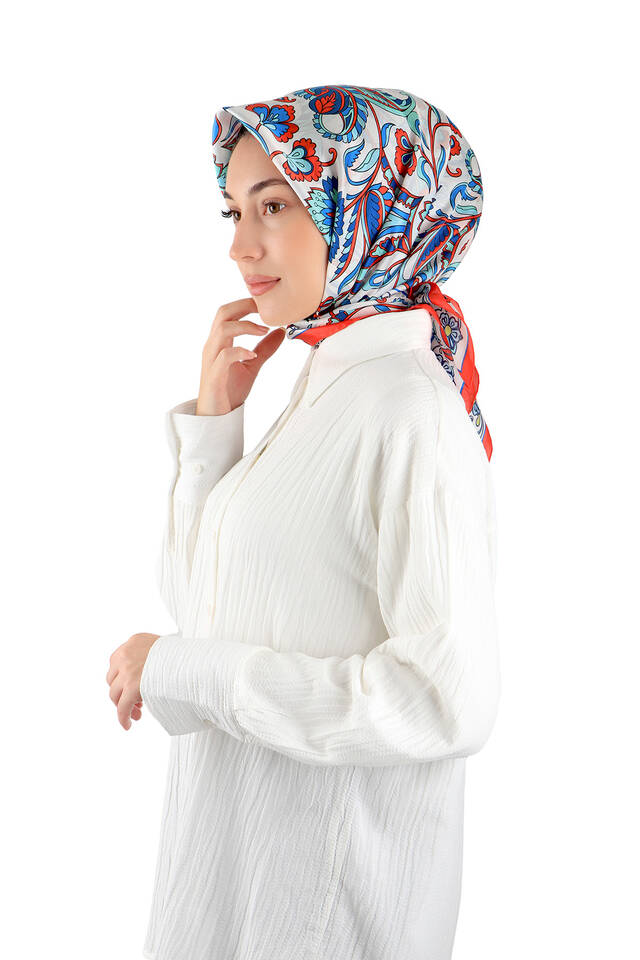 Kırmızı Çiçek Desen Vual İpek Eşarp - 2