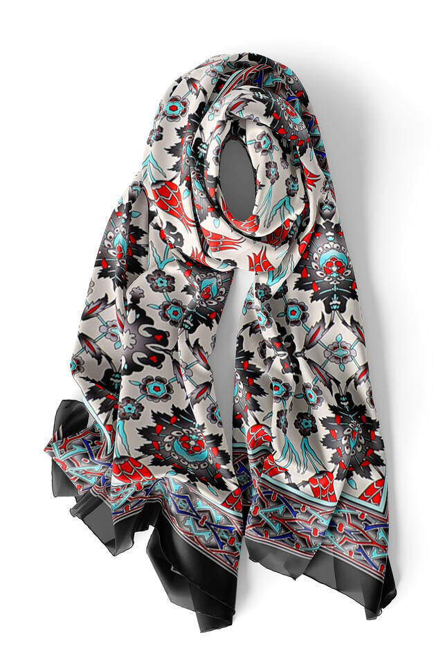 وشاح حريري ضيق بنمط التوليب باللون الرمادي - 3