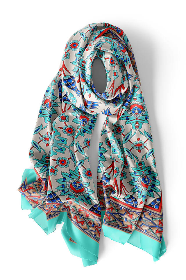 وشاح حريري ضيق بنمط التوليب باللون الأخضر - 3