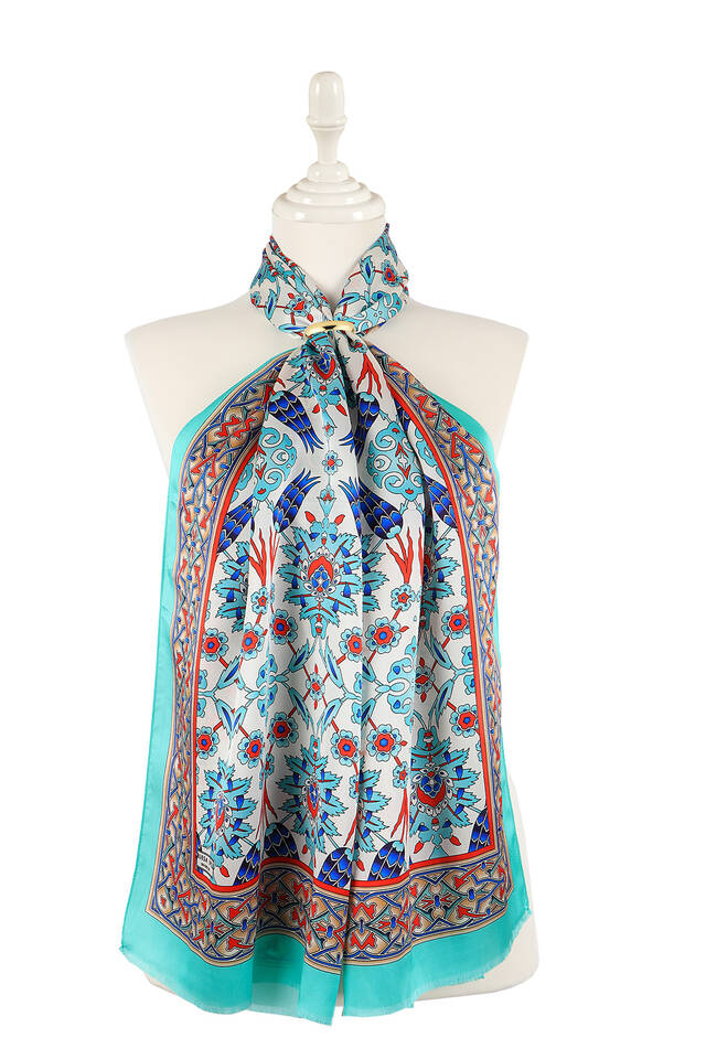 وشاح حريري ضيق بنمط التوليب باللون الأخضر - Bursa İpek