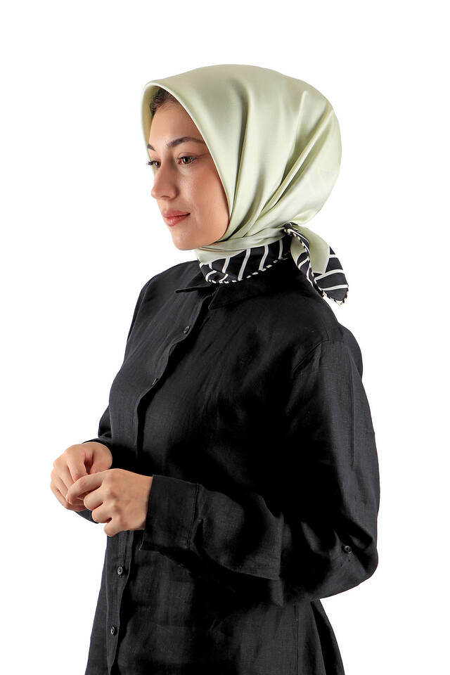 Su Yeşil Çizgi Desen Twill İpek Eşarp - 2