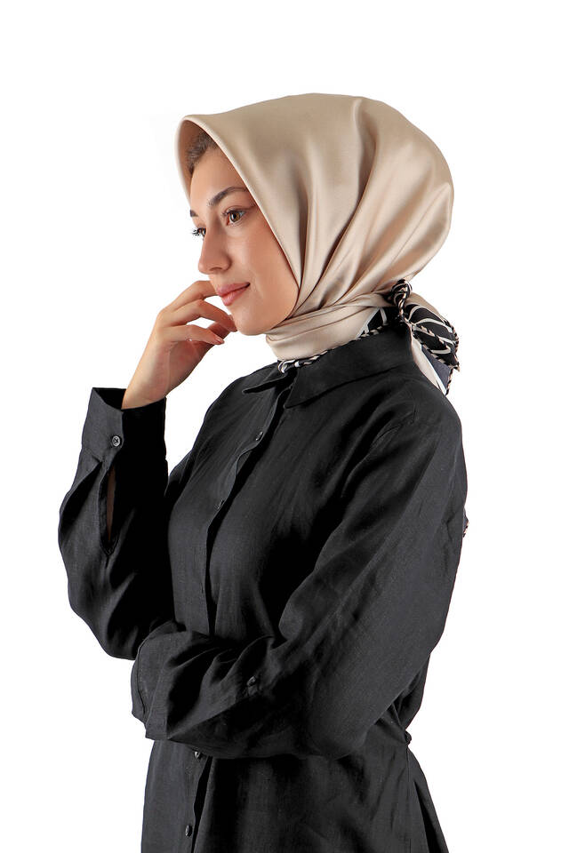 Sütlü Kahve Çizgi Desen Twill İpek Eşarp - 2