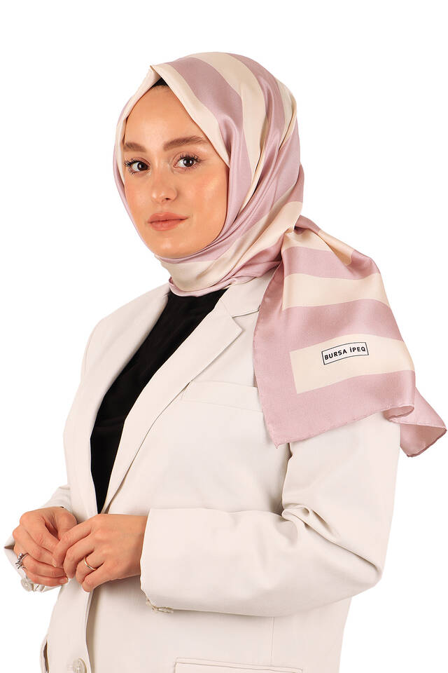 Pudra Çizgi Desen Twill İpek Şal - 3