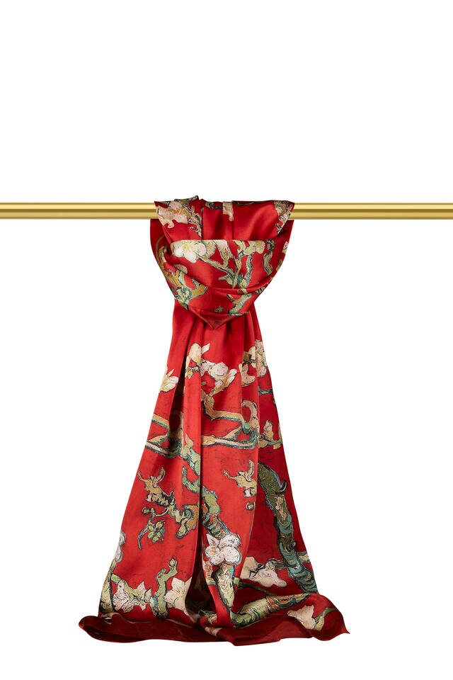 Claret Red Almond Blossom Silk Scarf - Bursa İpek