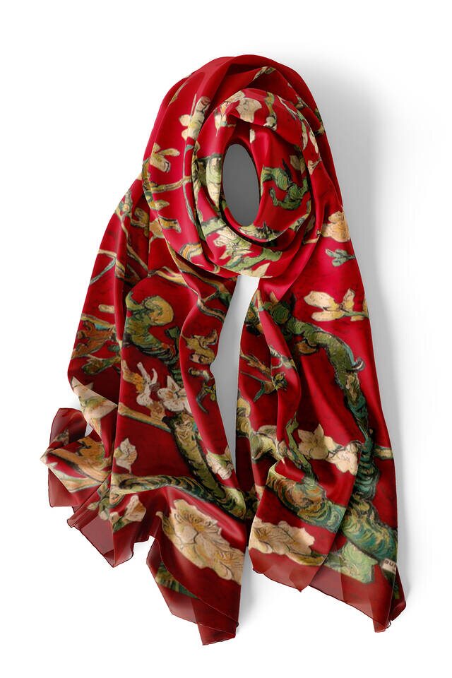 Claret Red Almond Blossom Silk Scarf - 3