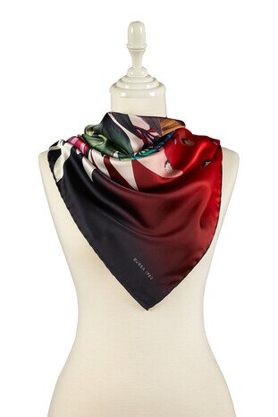 Claret Red Diamond Pattern Silky Square Scarf - Thumbnail