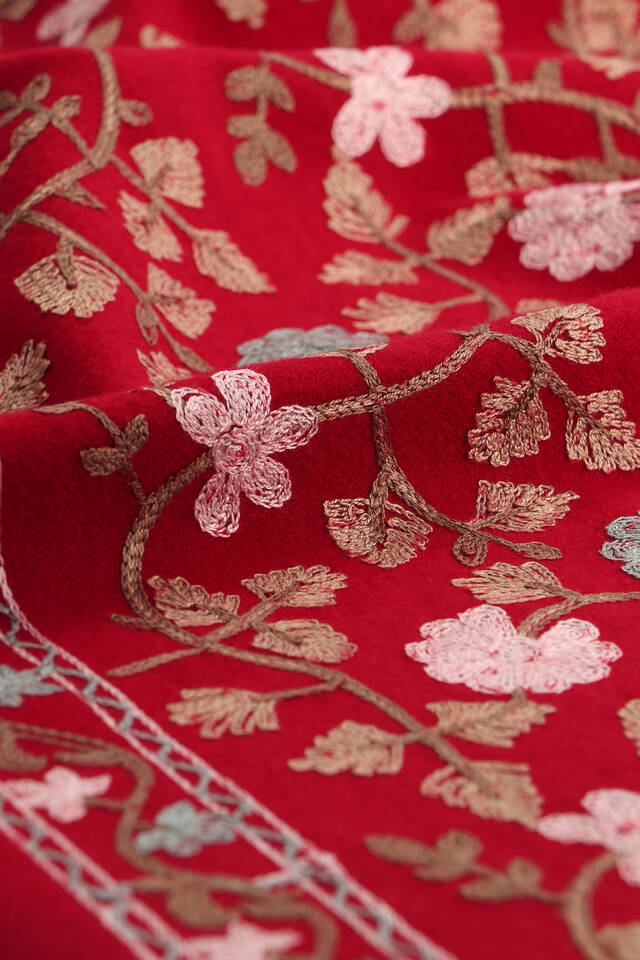 Claret Red Embroidered Winter Shawl - 4