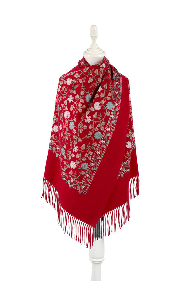 Claret Red Embroidered Winter Shawl - Bursa İpek