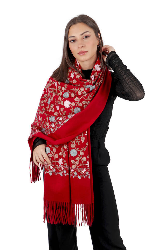 Claret Red Embroidered Winter Shawl - 2