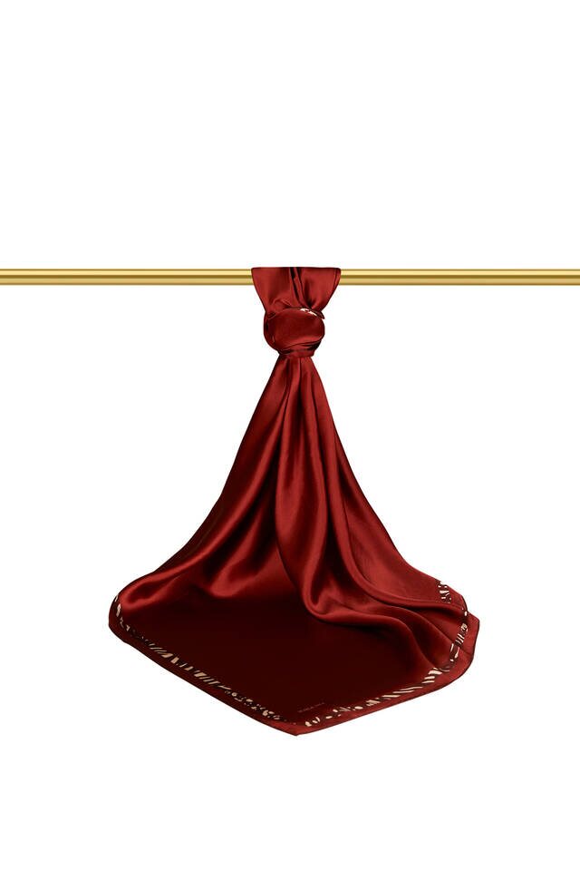 Claret Red Embroidery Zebra Silk Square Scarf - 2