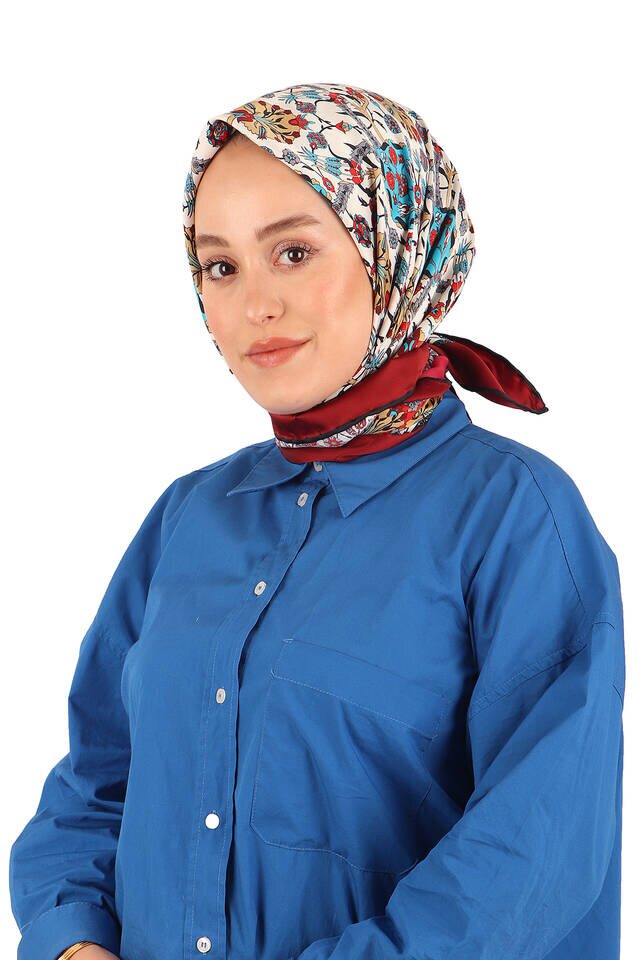 Claret Red Tile Tulip Pattern Silky Square Scarf - 2