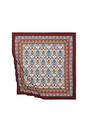 Claret Red Tile Tulip Pattern Silky Square Scarf - Thumbnail