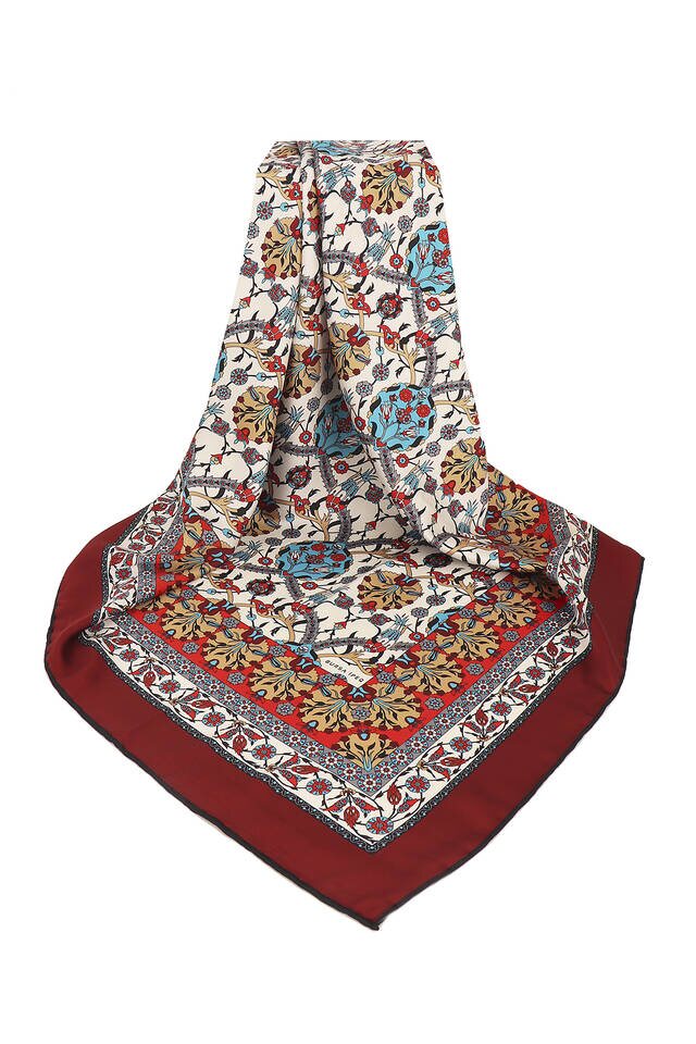 Claret Red Tile Tulip Pattern Silky Square Scarf - 3