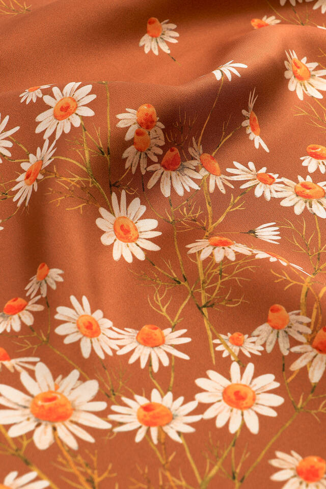 Copper Daisy Pattern Twill Silk Square Scarf - 3