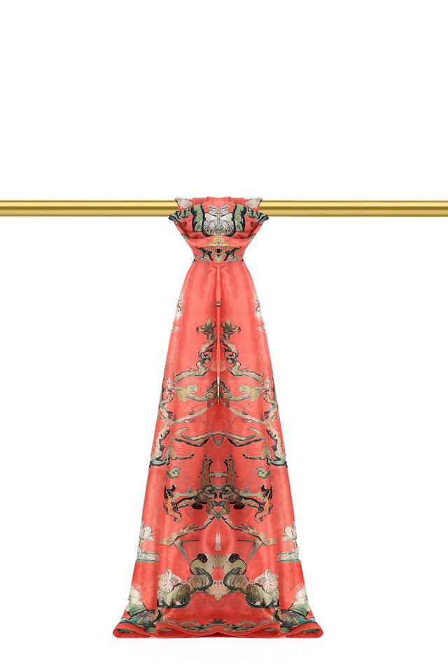 Coral Almond Blossom Pattern Voile Silk Scarf 