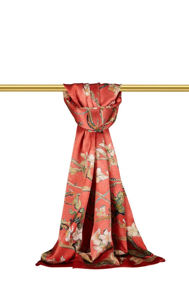 Coral Almond Blossom Silk Scarf 