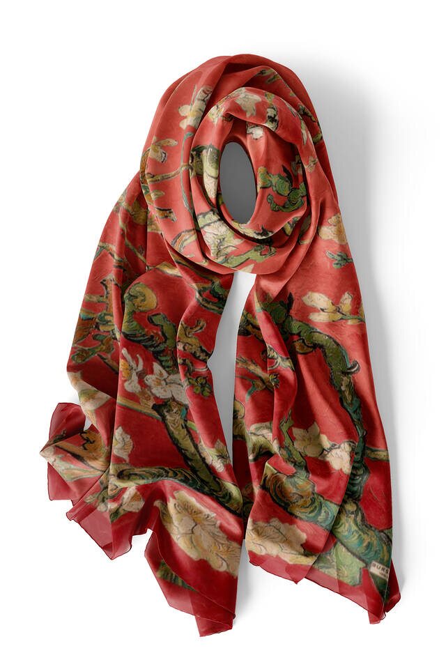 Coral Almond Blossom Silk Scarf - 3