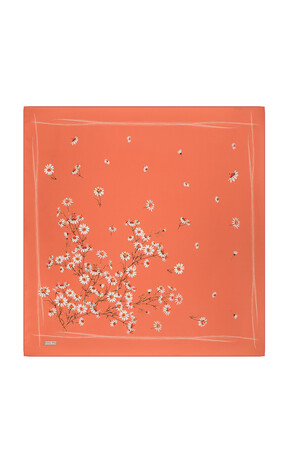 Coral Daisy Pattern Twill Silk Square Scarf 