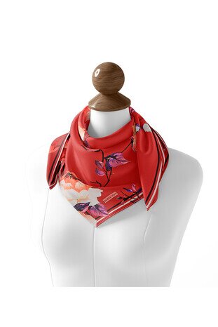 Coral Floral Twill Silk Square Scarf - Thumbnail