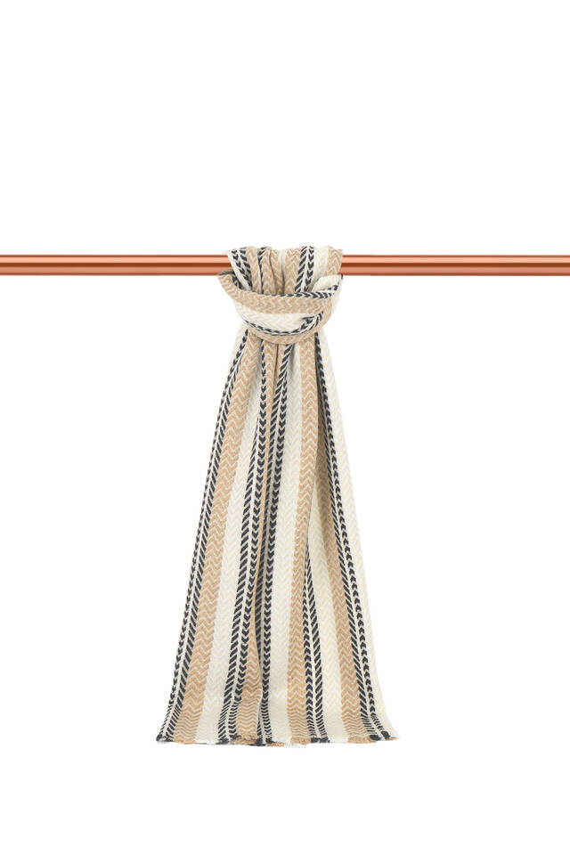 Cream Anthracite Patterned Men's Wool Scarf - Bursa İpek