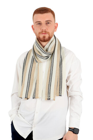Cream Anthracite Patterned Men's Wool Scarf - Thumbnail