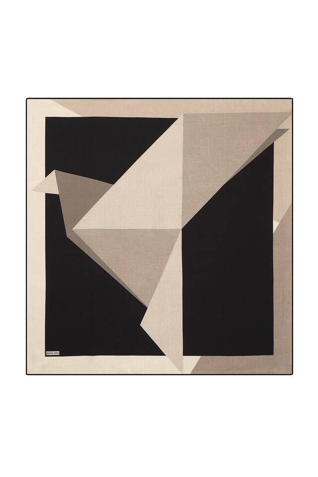 Cream Black Geometric Pattern Twill Silk Square Scarf - Bursa İpek