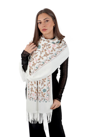 Cream Embroidered Winter Shawl - Thumbnail