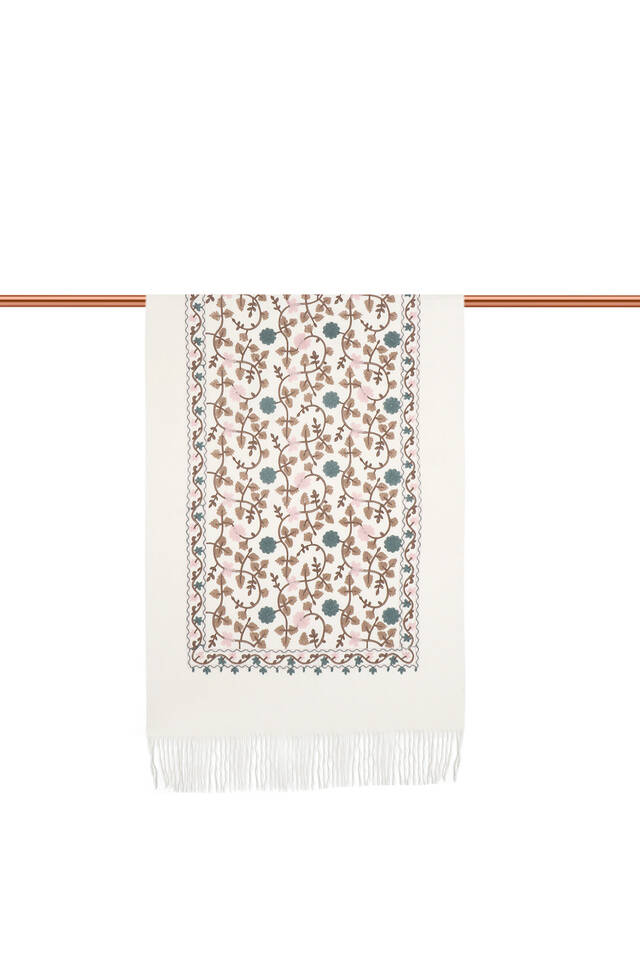 Cream Embroidered Winter Shawl - 3