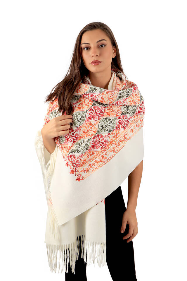 Cream Embroidered Winter Shawl - 2