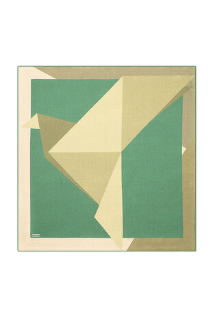 Cream Green Geometric Pattern Twill Silk Square Scarf - Thumbnail