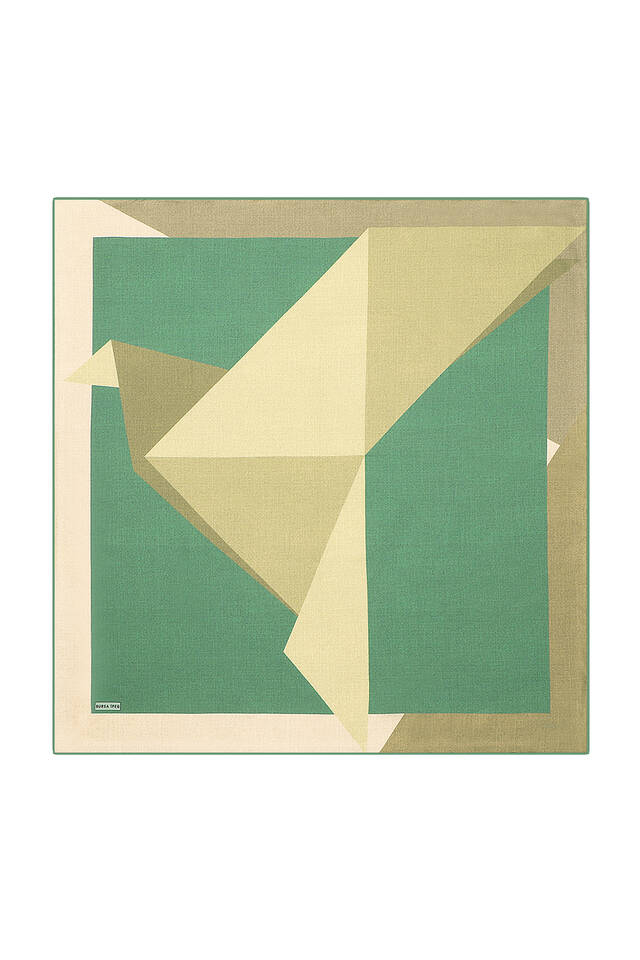 Cream Green Geometric Pattern Twill Silk Square Scarf - 1