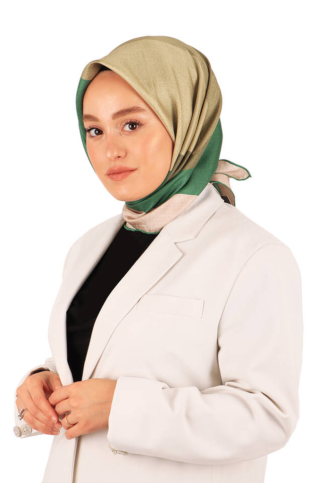 Cream Green Geometric Pattern Twill Silk Square Scarf - 2