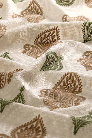 Cream Green Suzani Embroidered Wool Silk Shawl - Thumbnail