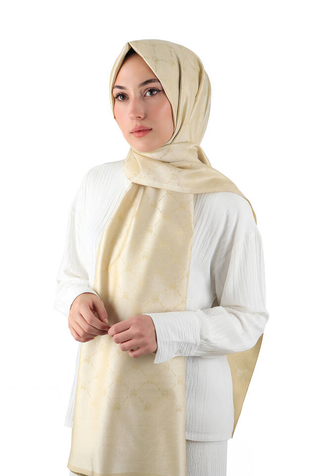 Cream Monogram Pattern Jacquard Silk Scarf - 2