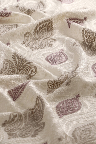 Cream Purple Suzani Embroidered Wool Silk Shawl - Thumbnail