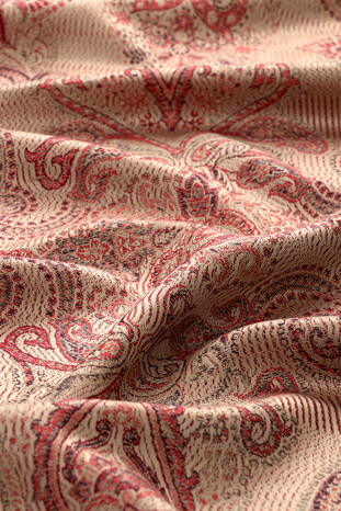 Cream Red Jamawar Woven Silk Foulard - Thumbnail