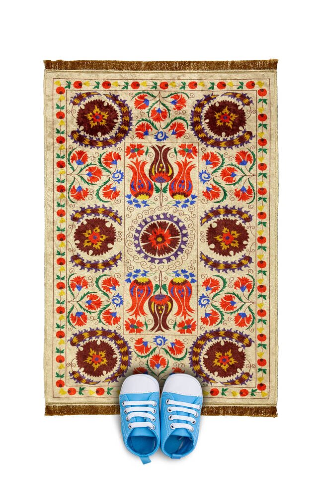 Cream Velvet Children's Prayer Rug - Bursa İpek